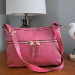 Fossil Erin Pebbled Leather Crossbody Bag Pink Zip Top Shoulder Purse
